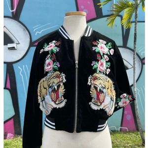 Perfect Fashion Black Tiger Embroidery Black Bomber Jacket US M